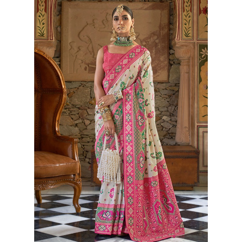 White Dupion Silk Saree With Blouse Piece - JD986614259