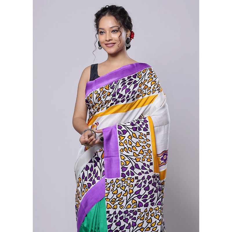White Printed Pure Silk Saree Without Blouse Piece - JD986614236
