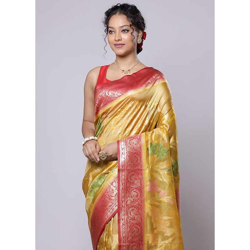 Yellow Dupion Silk Saree With Blouse Piece - JD986614235