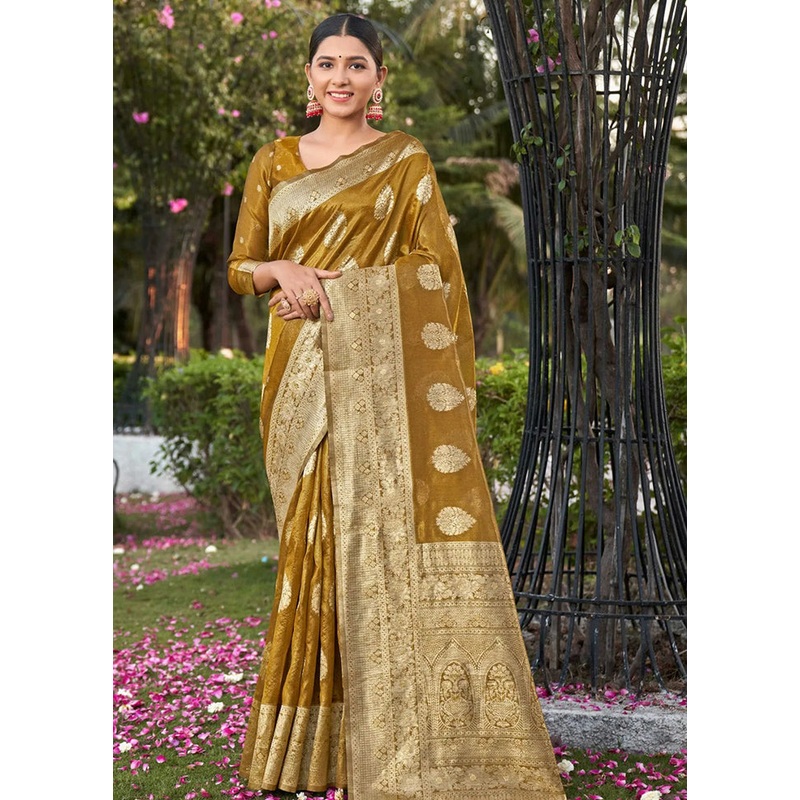 Yellow Dupion Silk Saree With Blouse Piece - JD986614256