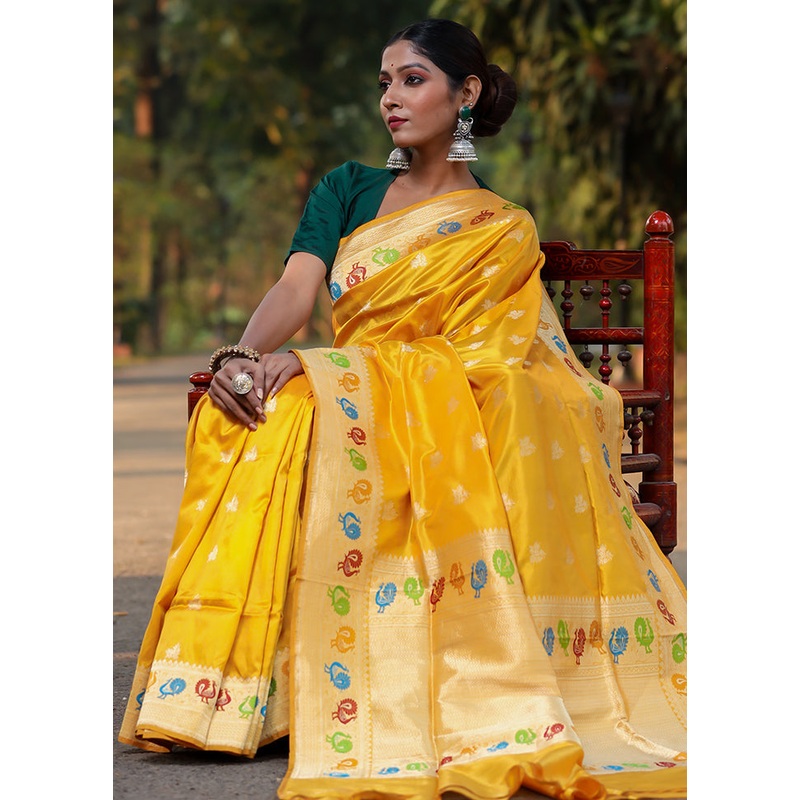 Yellow Katan Pure Silk Saree With Blouse Piece - JD986614255