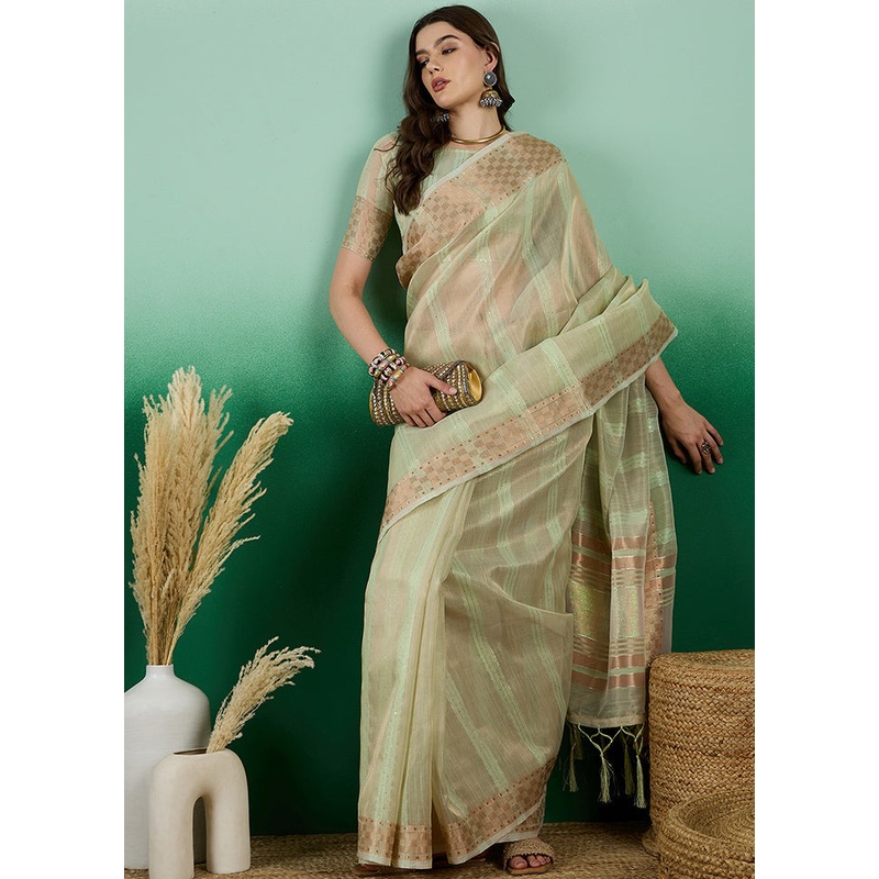Yellow Organza Saree With Blouse Piece - JD986614254