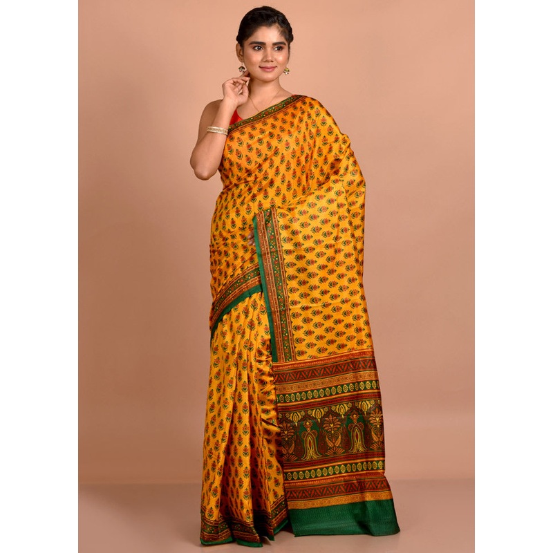 Yellow Printed Pure Silk Saree Without Blouse Piece - JD986614111