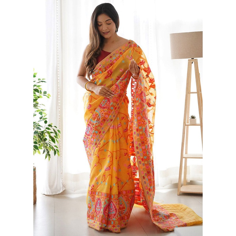 Yellow Spun Silk Saree With Blouse Piece - JD986614187