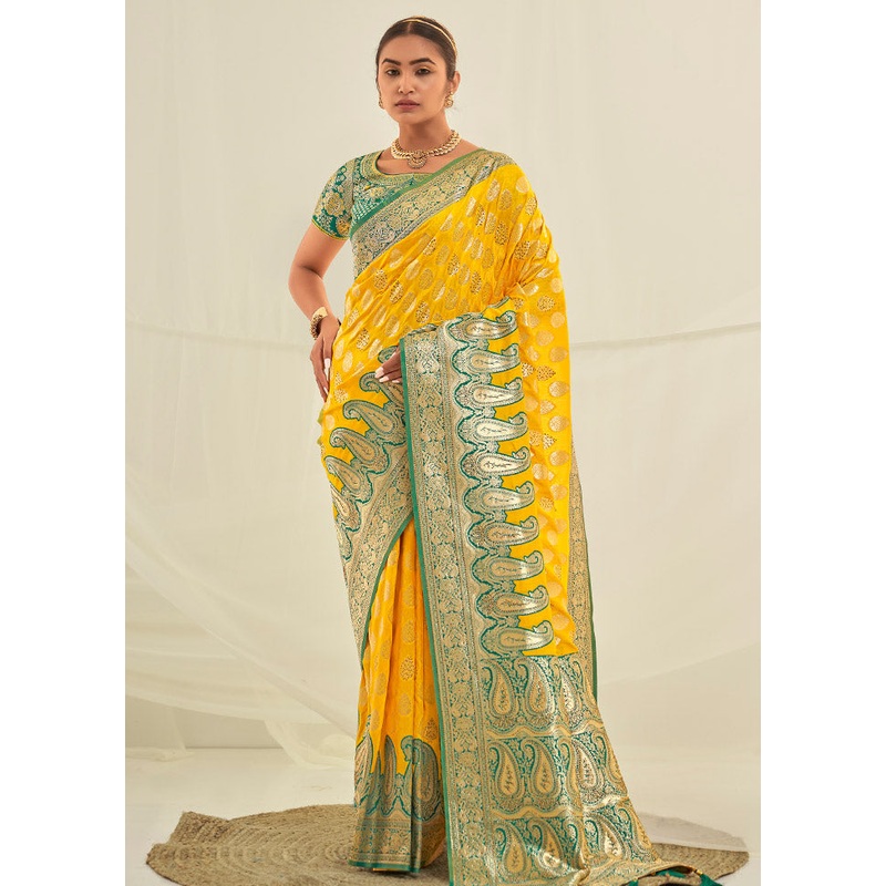 Yellow Spun Silk Saree With Blouse Piece - JD986614216