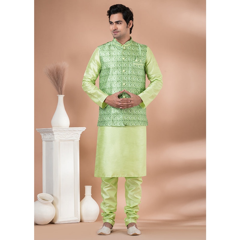 3 Pc Green Dupion Silk Ethnic Wear Set - JD986614031