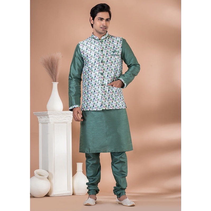 3 Pc Green Dupion Silk Ethnic Wear Set - JD986614032