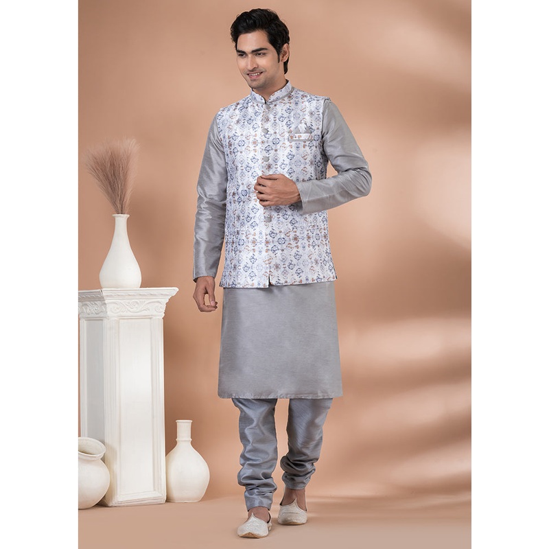 3 Pc Grey Dupion Silk Ethnic Wear Set - JD986614030