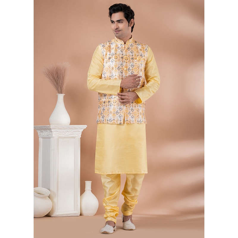 3 Pc Yellow Dupion Silk Ethnic Wear Set - JD986614017