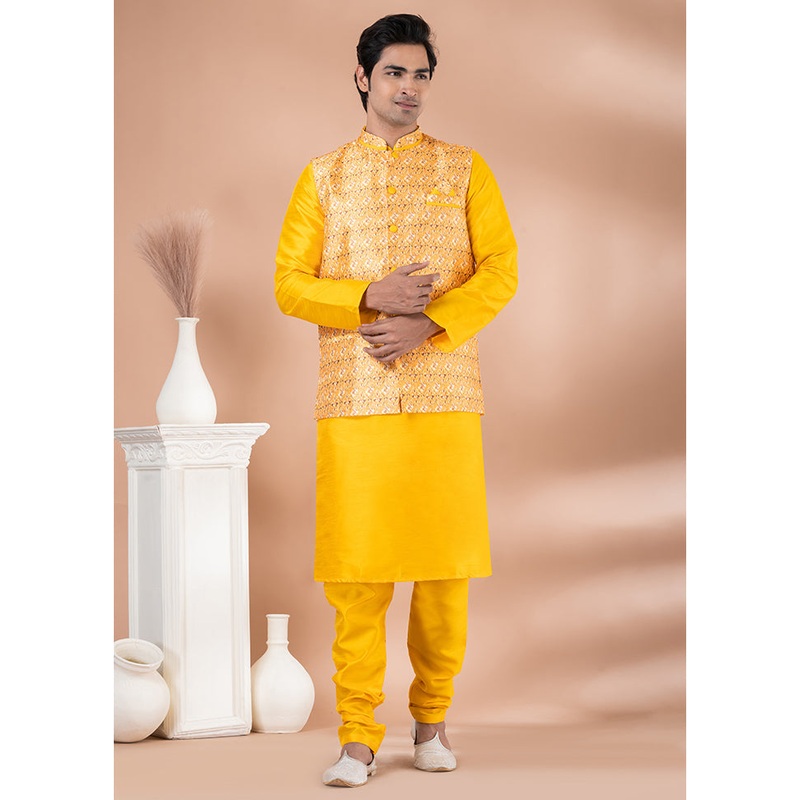 3 Pc Yellow Dupion Silk Ethnic Wear Set - JD986614018