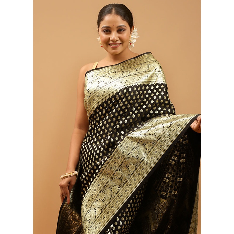 Black Banarasi Silk Saree With Blouse Piece - JD986613957