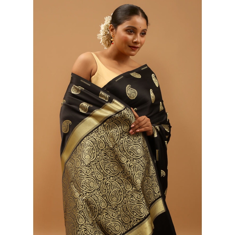 Black Banarasi Silk Saree With Blouse Piece - JD986613958