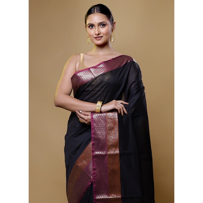 Black Cotton Saree With Blouse Piece - JD986614056