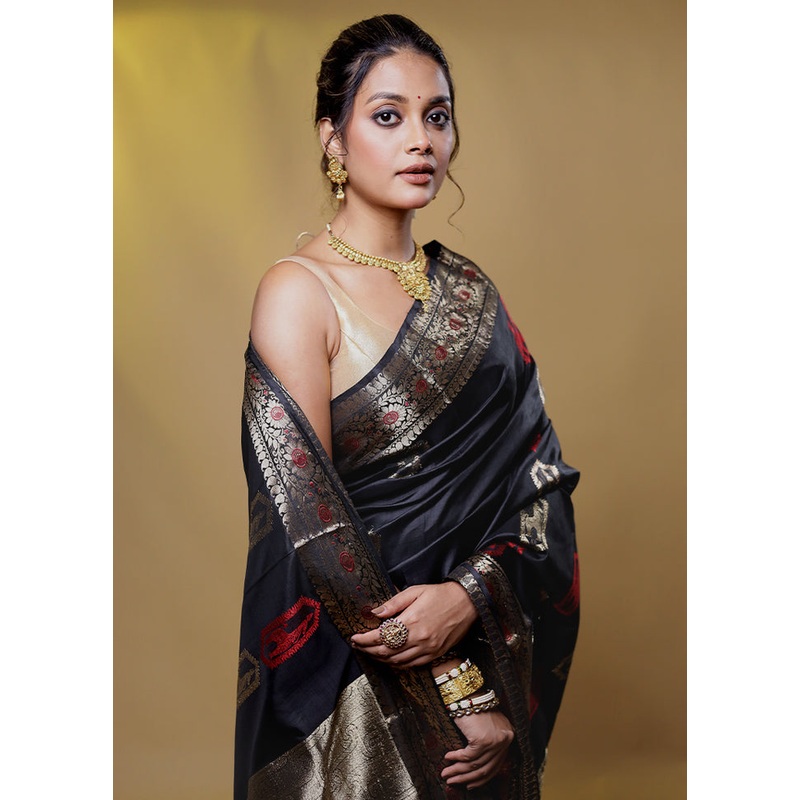 Black Handloom Baluchari Pure Silk Saree With Blouse Piece - JD986613992