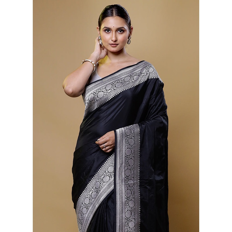 Black Handloom Banarasi Pure Silk Saree With Blouse Piece - JD986614055
