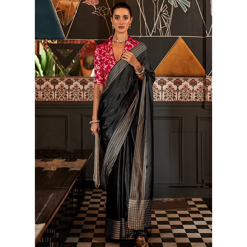 Black Satin Silk Saree With Blouse Piece - JD986614016