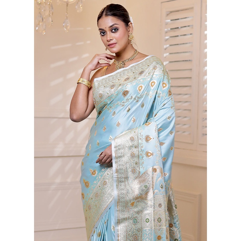 Blue Banarasi Silk Saree With Blouse Piece - JD986613944