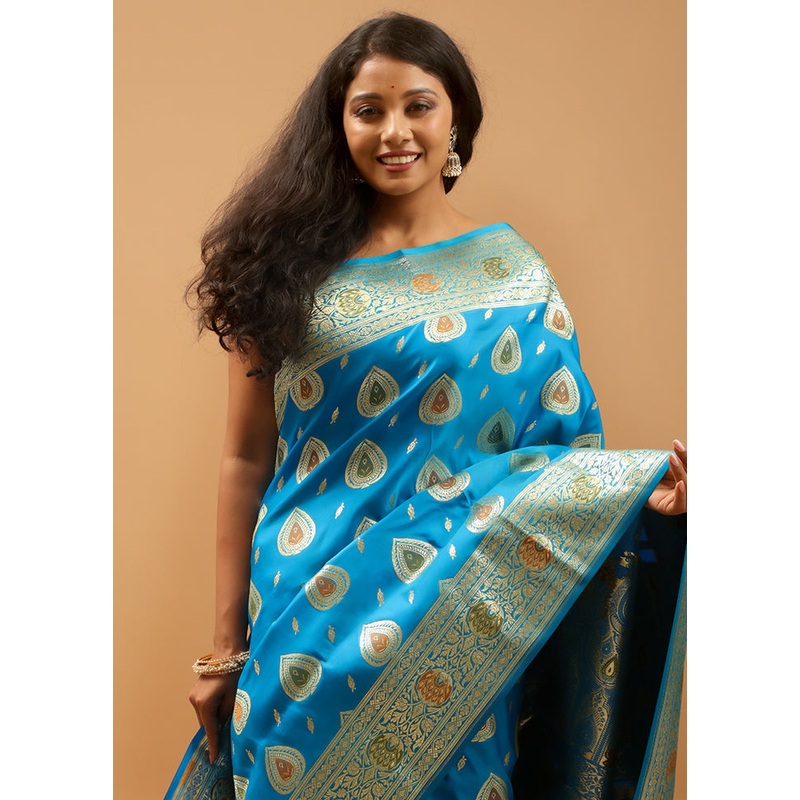 Blue Banarasi Silk Saree With Blouse Piece - JD986613954
