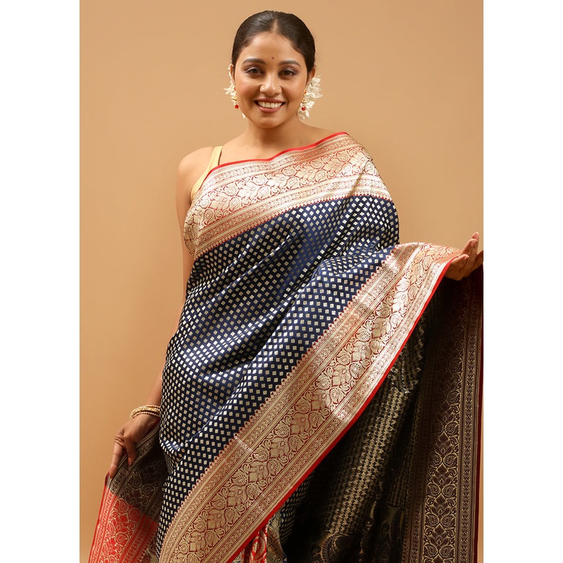 Blue Banarasi Silk Saree With Blouse Piece - JD986613955