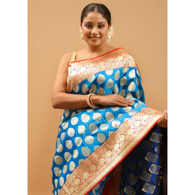 Blue Banarasi Silk Saree With Blouse Piece - JD986613956