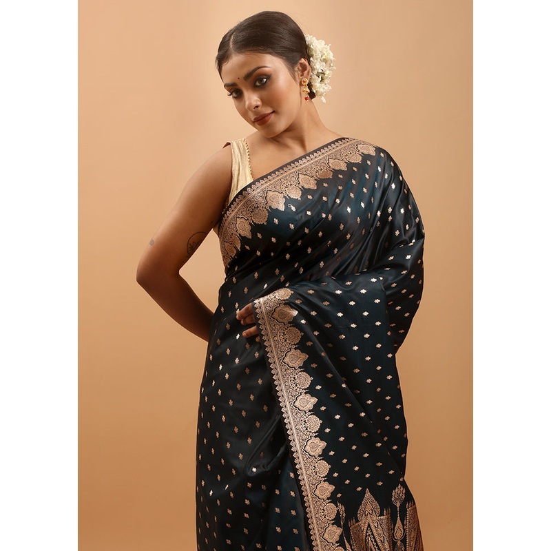 Blue Banarasi Silk Saree With Blouse Piece - JD986613991