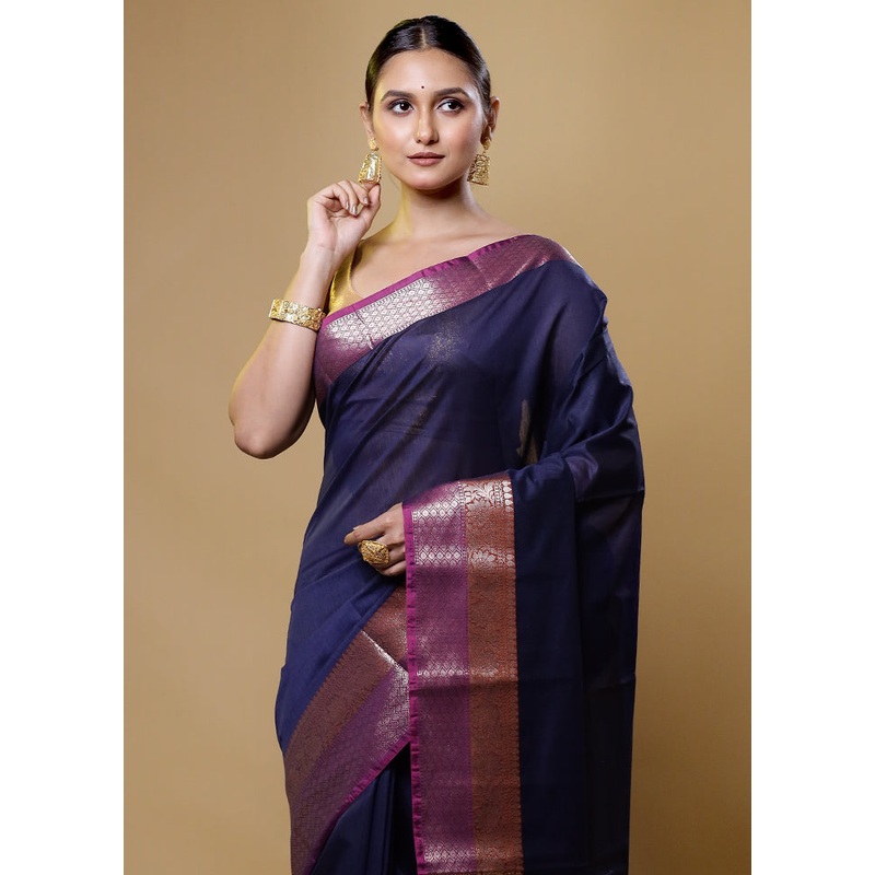 Blue Cotton Saree With Blouse Piece - JD986614054