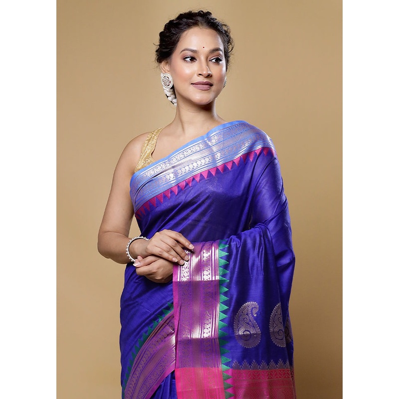 Blue Cotton Saree With Blouse Piece - JD986614091