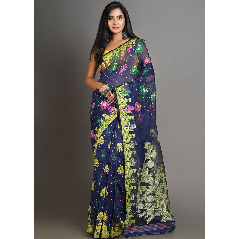 Blue Cotton Tant Jamdani Saree Without Blouse Piece - JD986614058