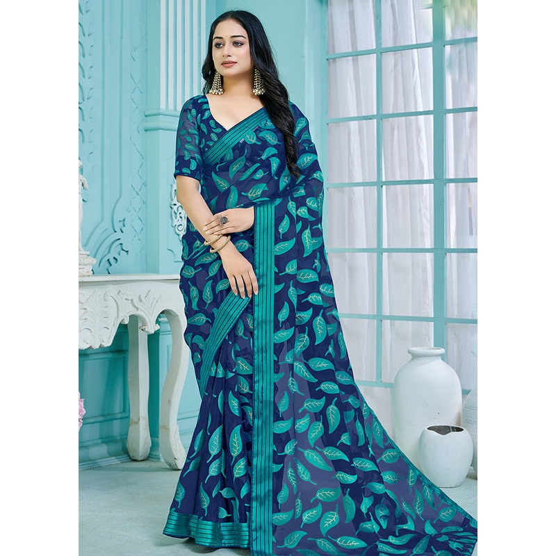 Blue Crepe Silk Saree With Blouse Piece - JD986614015