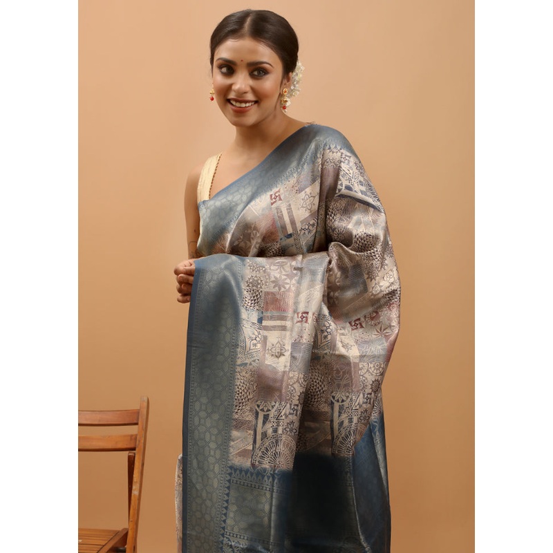 Blue Dupion Silk Saree With Blouse Piece - JD986613990