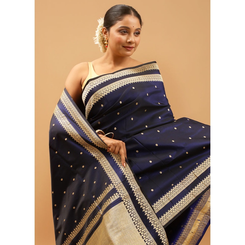 Blue Handloom Banarasi Pure Silk Saree With Blouse Piece - JD986613953