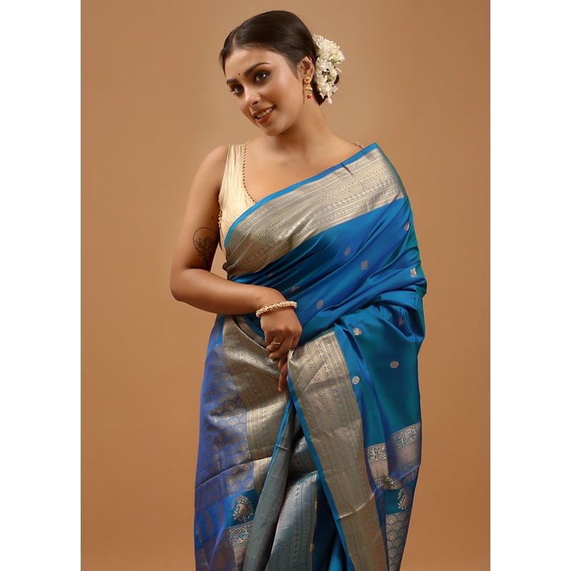 Blue Handloom Kanchipuram Pure Silk Saree With Blouse Piece - JD986613989