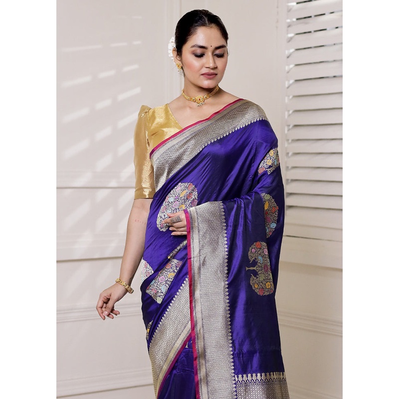 Blue Handloom Katan Pure Silk Saree With Blouse Piece - JD986613908