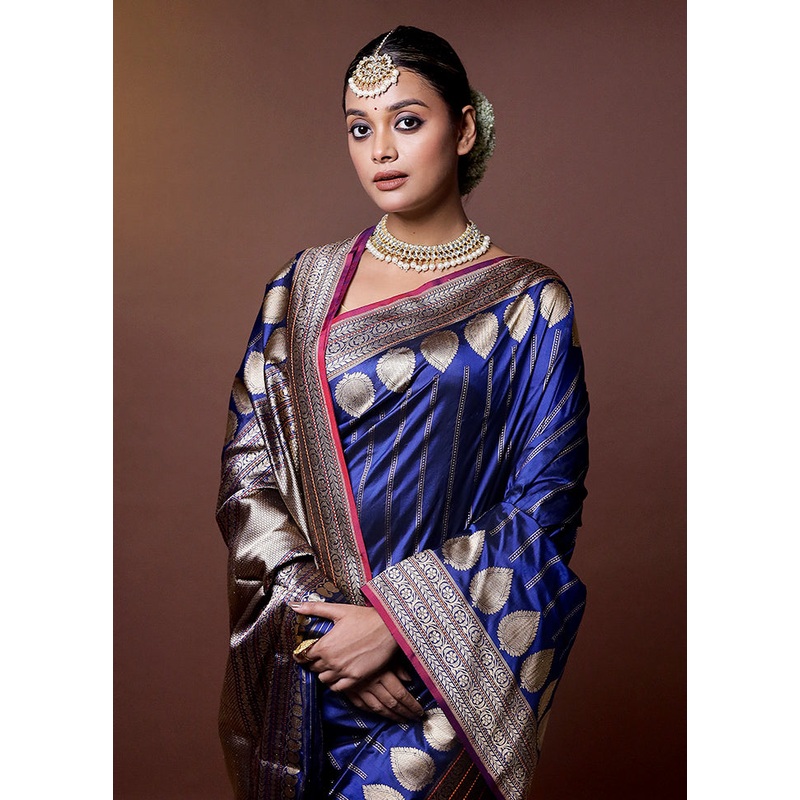 Blue Handloom Katan Pure Silk Saree With Blouse Piece - JD986613988