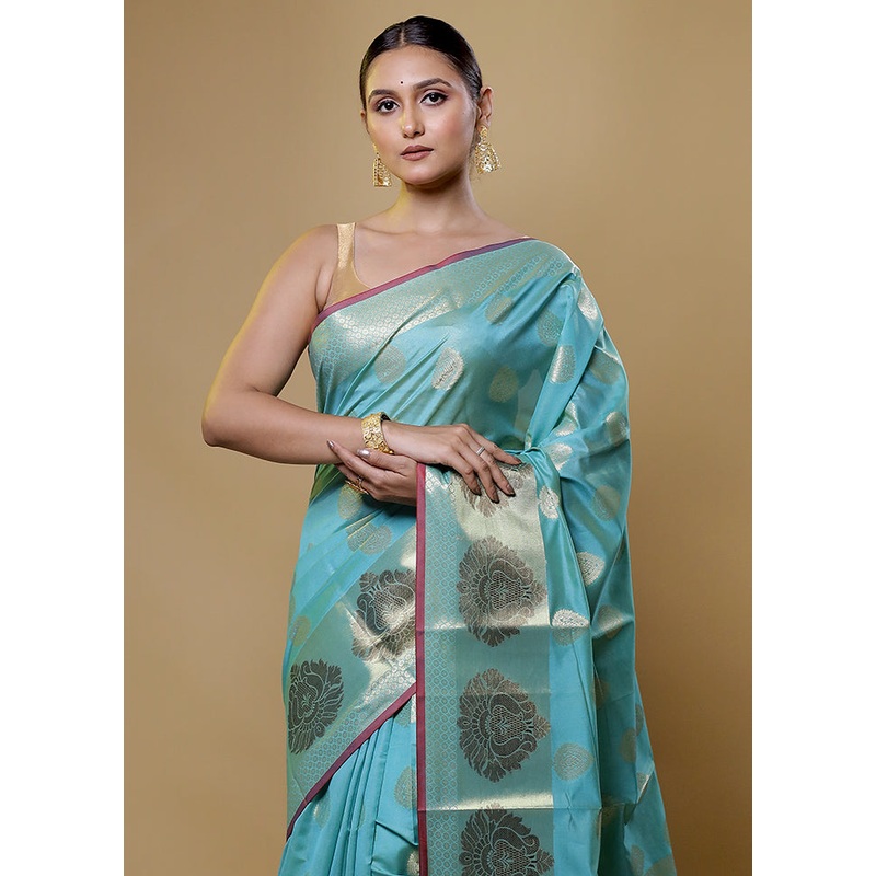 Blue Kora Silk Saree With Blouse Piece - JD986614048