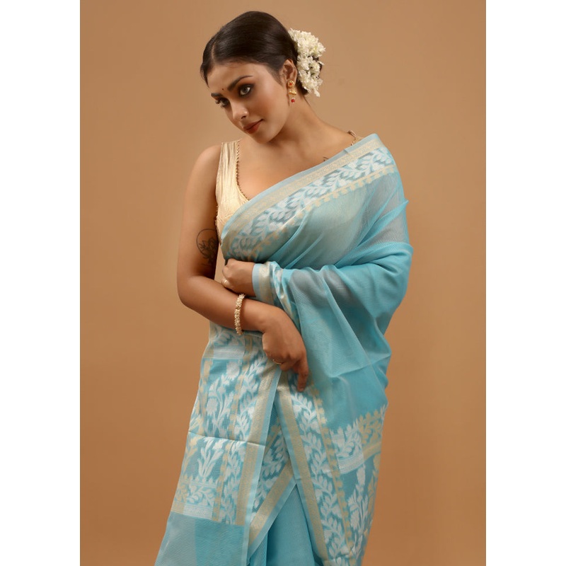 Blue Kota Cotton Saree With Blouse Piece - JD986613986