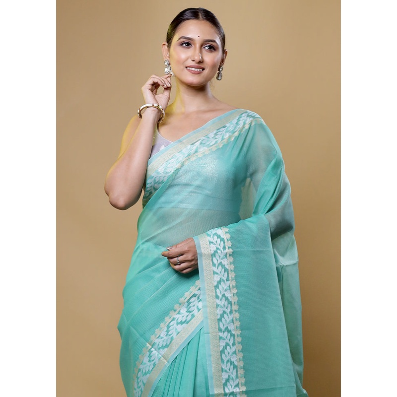 Blue Kota Cotton Saree With Blouse Piece - JD986614047