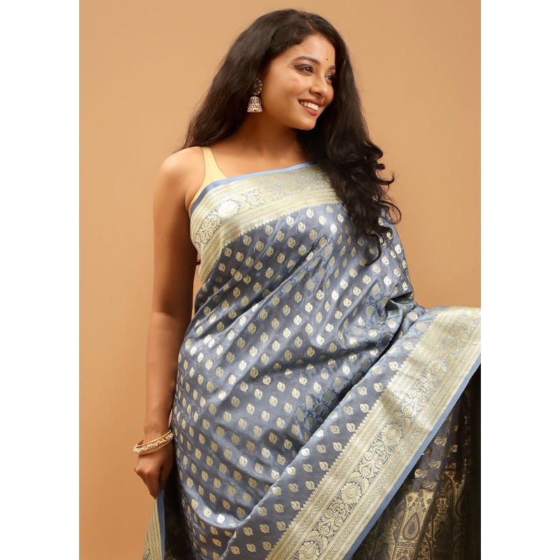 Blue Tanchoi Silk Saree With Blouse Piece - JD986613952