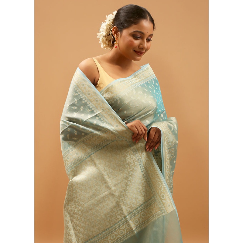 Blue Tissue Silk Saree With Blouse Piece - JD986613951