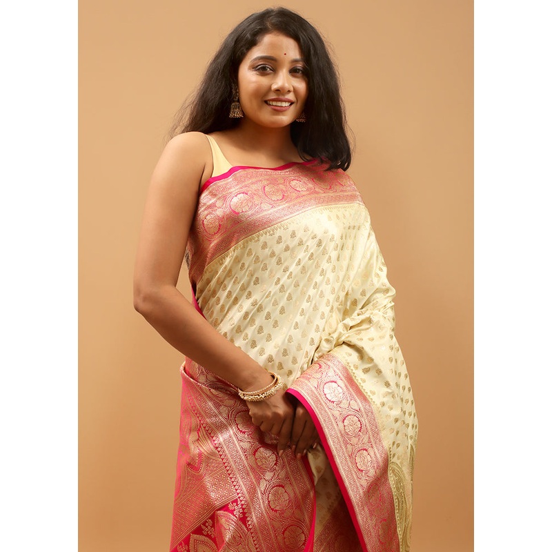 Cream Banarasi Silk Saree With Blouse Piece - JD986613950