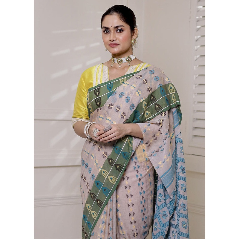 Cream Cotton Saree With Blouse Piece - JD986613905