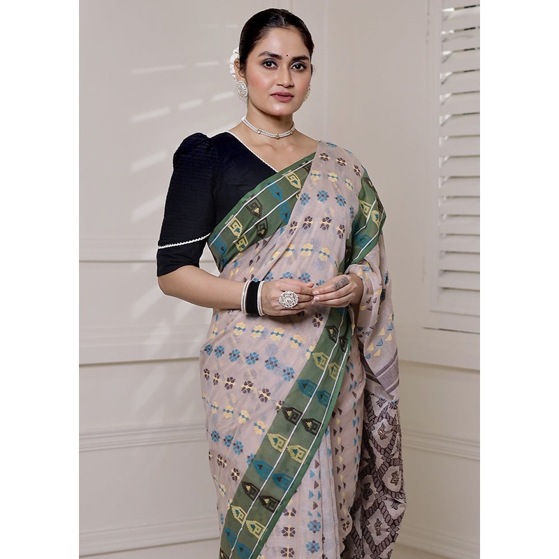 Cream Cotton Saree With Blouse Piece - JD986613906