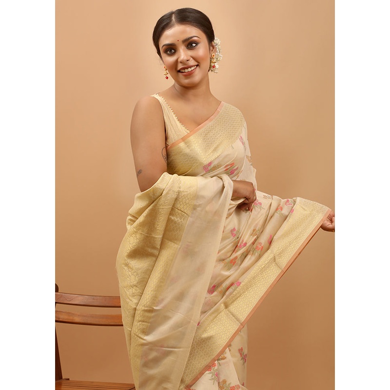 Cream Cotton Saree With Blouse Piece - JD986613981