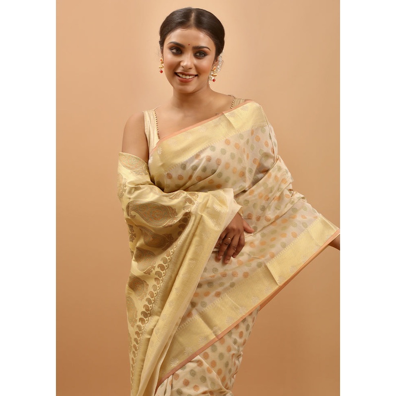 Cream Cotton Saree With Blouse Piece - JD986613982