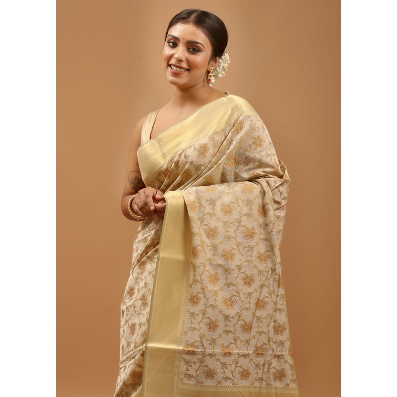 Cream Cotton Saree With Blouse Piece - JD986613983