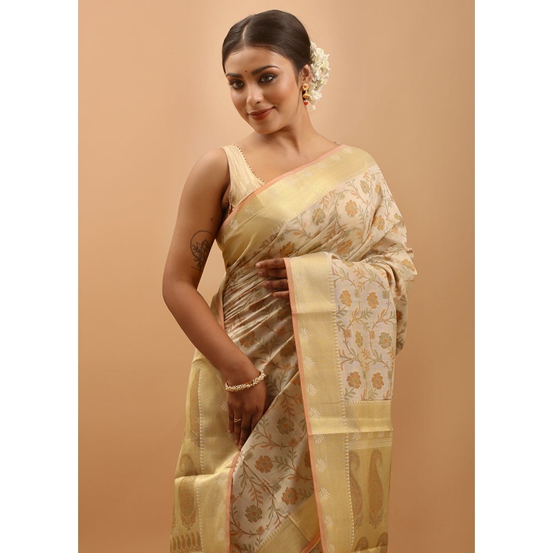 Cream Cotton Saree With Blouse Piece - JD986613984