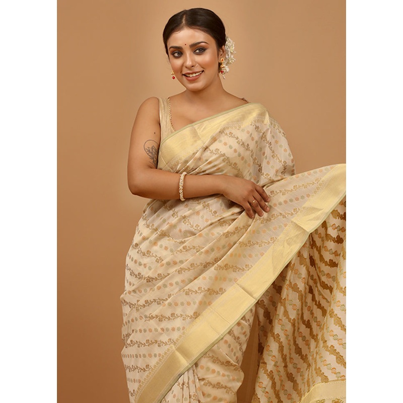Cream Cotton Saree With Blouse Piece - JD986613985