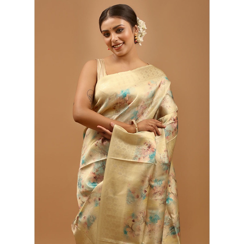 Cream Dupion Silk Saree With Blouse Piece - JD986613980