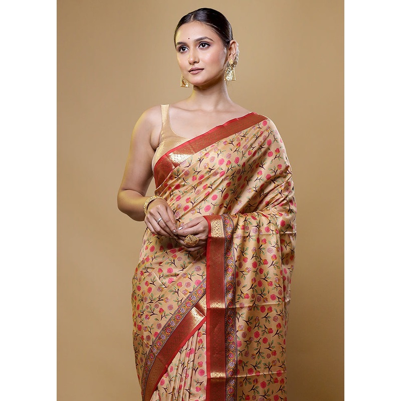 Cream Handloom Printed Pure Silk Saree Without Blouse Piece - JD986614053