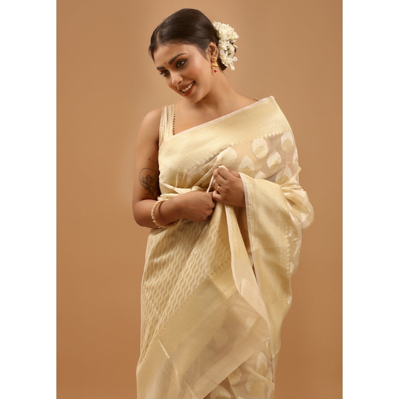 Cream Kora Silk Saree With Blouse Piece - JD986613978